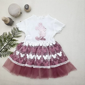 1,2,3 Yaş Payetli Mickey Baskılı Brode Etekli Kız Bebek Elbisesi Rose
