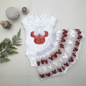 1,2,3 Yaş Payetli Mickey Nakışlı Kısa Kollu Brode Etekli 2li Kız Bebek Takımı Kırmızı