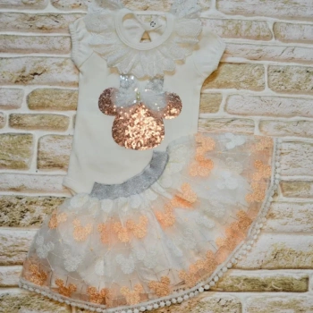 1,2,3 Yaş Payetli Mickey Nakışlı Kısa Kollu Brode Etekli 2li Kız Bebek Takımı Pudra