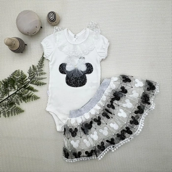 1-2-3 Yaş Payetli Mickey Nakışlı Kısa Kollu Brode Etekli 2li Kız Bebek Takımı Siyah