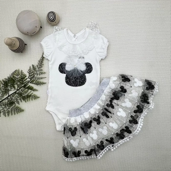 1,2,3 Yaş Payetli Mickey Nakışlı Kısa Kollu Brode Etekli 2li Kız Bebek Takımı Siyah