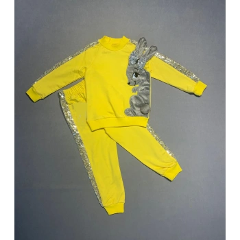 1-2-3 Yaş Payetli Pelüş Tavşan Desenli Likra Penye Kumaş Sweat Pantolonlu Kız 2li Çocuk Takımı Sarı