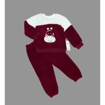 1,2,3 Yaş Ponponlu Zürafa Desenli Kuzu Kumaş Uzun Kollu 2li Kız Erkek Çocuk Takımı Bordo