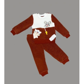 1,2,3 Yaş Sallanan Balık Nakışlı Kuzu Kumaş Sweat Pantolon Uzun Kollu Kız Erkek 2 Li Takımı Kahverengi