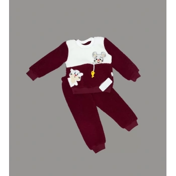 1,2,3 Yaş Sallanan Balık Nakışlı Kuzu Kumaş Sweat Pantolon Uzun Kollu Kız Erkek 2 Li Takımı Bordo