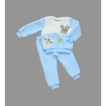 1,2,3 Yaş Sallanan Balık Nakışlı Kuzu Kumaş Sweat Pantolon Uzun Kollu Kız Erkek 2 Li Takımı Mavi