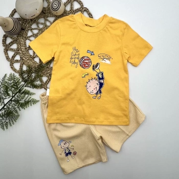 1,2,3 Yaş Topçu Erkek Çocuk Baskılı Şortlu Kısa Kollu Tişört 2li Erkek Bebek Takımı Sarı
