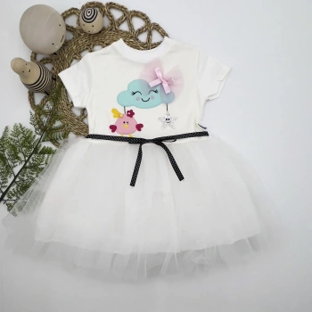 1-2-3 Yaş Tül Tokalı Bulut Civciv Ve Yıldız Nakışlı Kız Bebek Elbisesi Beyaz