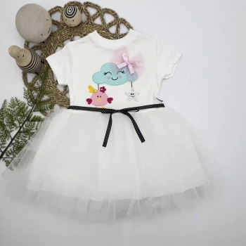 1,2,3 Yaş Tül Tokalı Bulut Civciv Ve Yıldız Nakışlı Kız Bebek Elbisesi Beyaz