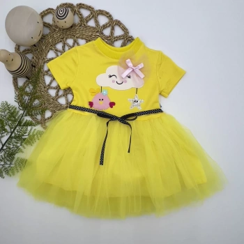 1,2,3 Yaş Tül Tokalı Bulut Civciv Ve Yıldız Nakışlı Kız Bebek Elbisesi Sarı