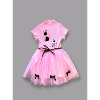 1,2,3 Yaş Uğur Böceği Nakışlı Kurdela Kuşak Kız Çocuk Elbisesi Pembe