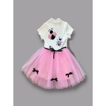 1,2,3 Yaş Uğur Böceği Nakışlı Kurdela Kuşak Kız Çocuk Elbisesi Pembe,ekru