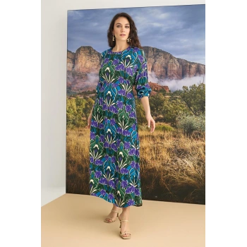 %100 Viskon Çiçek Desenli Saten Elbise