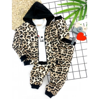 2,3,4,5 Yaş Kapşonlu Leopar Desenli Sweatli 3lü Kız Çocuk Takımı Kahverengi
