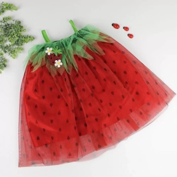 2,3,4 Yaş Askılı Çilek Kostüm Kız Çocuk Elbise Kırmızı