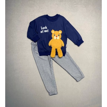 2,3,4 Yaş Ayıcık Sallanan Ayak Desenli Likra Penye Kumaş Sweat Pantolonlu Kız Erkek 2li Çocuk Takımı Lacivert