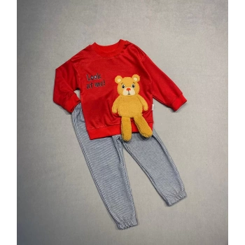 2,3,4 Yaş Ayıcık Sallanan Ayak Desenli Likra Penye Kumaş Sweat Pantolonlu Kız Erkek 2li Çocuk Takımı Kırmızı