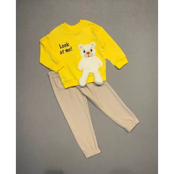 2,3,4 Yaş Ayıcık Sallanan Ayak Desenli Likra Penye Kumaş Sweat Pantolonlu Kız Erkek 2li Çocuk Takımı Sarı