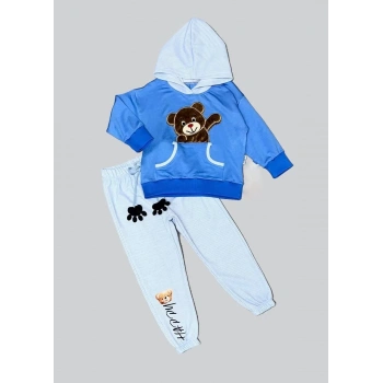 2,3,4 Yaş Pelüş Ayı Desenli Kapşonlu Uzun Kollu Penye Sweat 2li Erkek Çocuk Takımı İndigo
