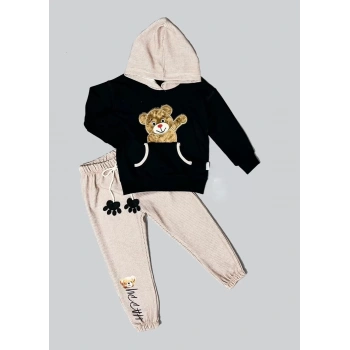 2,3,4 Yaş Pelüş Ayı Desenli Kapşonlu Uzun Kollu Penye Sweat 2li Erkek Çocuk Takımı Siyah