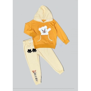 2,3,4 Yaş Pelüş Ayı Desenli Kapşonlu Uzun Kollu Penye Sweat 2li Erkek Çocuk Takımı Turuncu