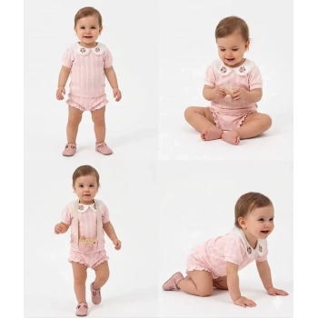 3/12 Ay Çiçekli Yaka Jakar Kumaş Şortlu Bebek Takımı