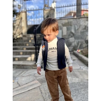 3,4,5 Yaş Fitilli Kadife Pantolon Kapitone Kapşonlu Yelek Uzun Kollu Sweat 3lü Erkek Çocuk Takımı Lacivert