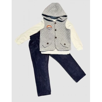 3,4,5 Yaş Fitilli Kadife Pantolon Kapitone Kapşonlu Yelek Uzun Kollu Sweat 3lü Erkek Çocuk Takımı Gri