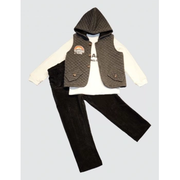 3,4,5 Yaş Fitilli Kadife Pantolon Kapitone Kapşonlu Yelek Uzun Kollu Sweat 3lü Erkek Çocuk Takımı Füme