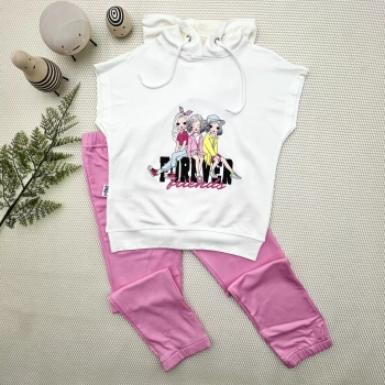 3,4,5 Yaş Forever Cici Kızlar Baskılı Kapşonlu 2li Kız Çocuk Takımı Pembe