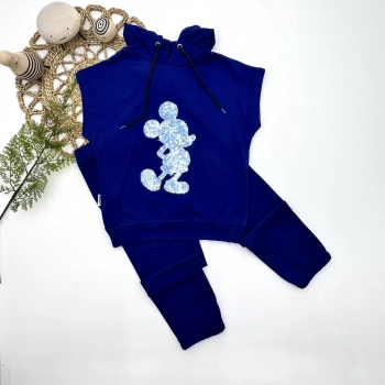 3,4,5 Yaş Kapşonlu Payetli Mickey Desenli Kısa Kol 2li Kız Erkek Çocuk Takımı Lacivert