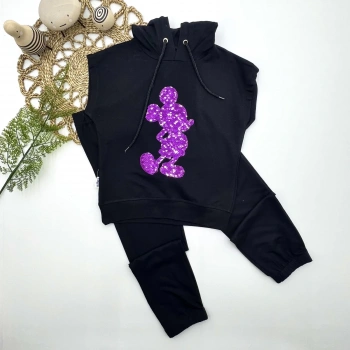 3-4-5 Yaş Kapşonlu Payetli Mickey Desenli Kısa Kol 2li Kız Erkek Çocuk Takımı Siyah