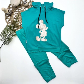 3,4,5 Yaş Kapşonlu Payetli Mickey Desenli Kısa Kol 2li Kız Erkek Çocuk Takımı Turkuaz