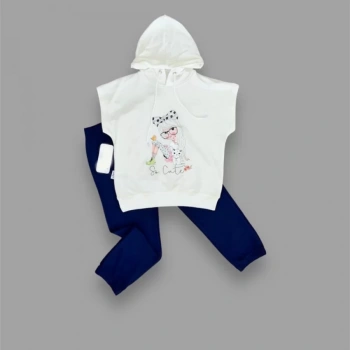 3,4,5 Yaş Kapşonlu Sevimli Kız Baskılı Kısa Kolu 2li Kız Erkek Çocuk Takımı Lacivert