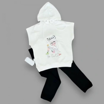 3,4,5 Yaş Kapşonlu Sevimli Kız Baskılı Kısa Kolu 2li Kız Erkek Çocuk Takımı Siyah