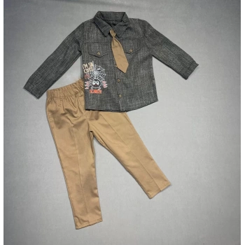 3,4,5 Yaş Kravatlı Keten Gömlek Gabardin Pantolon Uzun Kollu 3lü Erkek Çocuk Takımı Kahverengi