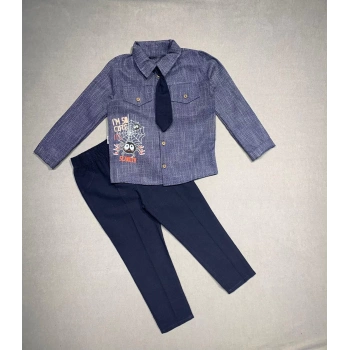3,4,5 Yaş Kravatlı Keten Gömlek Gabardin Pantolon Uzun Kollu 3lü Erkek Çocuk Takımı Lacivert
