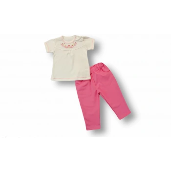 3,6 6,9 9,12 12,18 Ay Anadolu Çiçeği Nakışlı Kısa Kollu Sweatli 2li Kız Bebek Takımı Pembe