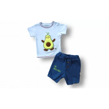 3,6 6,9 9,12 12,18 Ay Avokado Nakışlı Kısa Kollu Sweatli Şortlu 2li Kız,erkek Bebek Takımı Mavi