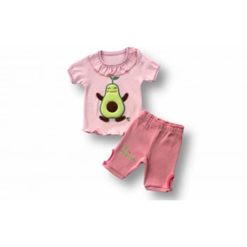 3,6 6,9 9,12 12,18 Ay Avokado Nakışlı Kısa Kollu Sweatli Şortlu 2li Kız,erkek Bebek Takımı Pembe