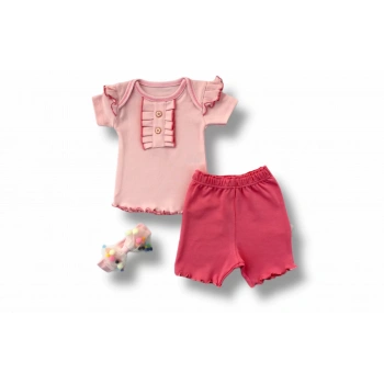 3,6 6,9 9,12 12,18 Ay Düğme Detaylı Bandanalı Kısa Kollu Sweat 3lü Kız Bebek Takımı Pudra