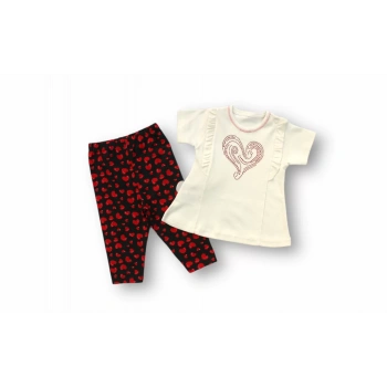 3,6 6,9 9,12 12,18 Ay Kalp Baskılı Uzun Kollu Sweatli 2li Kız Bebek Takımı Ekru