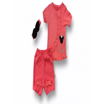 3,6 6,9 9,12 12,18 Ay Princess Taçlı Mickey Nakışlı Şort Tişört 3lü Kız Bebek Takımı Nar Çiçeği