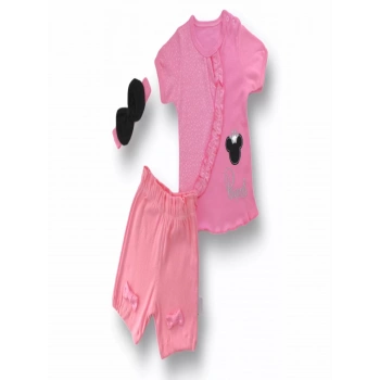 3,6 6,9 9,12 12,18 Ay Princess Taçlı Mickey Nakışlı Şort Tişört 3lü Kız Bebek Takımı Pembe