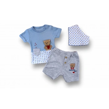 3,6 6,9 9,12 12,18 Ay Romantik Ayıcık Nakışlı Bandajlı Kısa Kollu Sweatli 3lü Kız,erkek Bebek Takımı Mavi