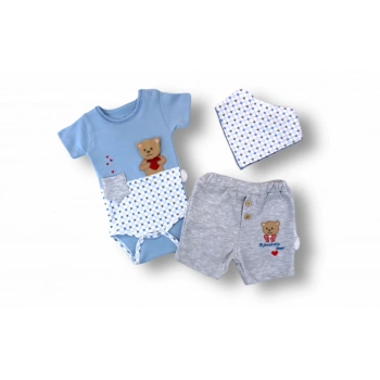 3,6 6,9 9,12 12,18 Ay Romantik Ayıcık Nakışlı Bandajlı Kısa Kollu Zıbınlı 3lü Kız,erkek Bebek Takımı Mavi