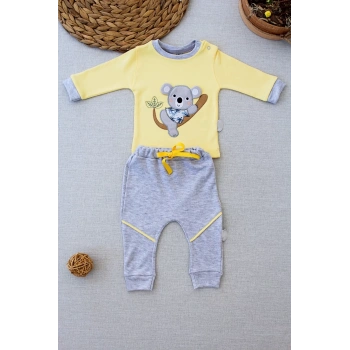 3,6 6,9 9,12 12,18 Ay Yavru Koala Nakışlı Uzun Kollu Sweat 2li Kız Erkek Bebek Takımı Sarı