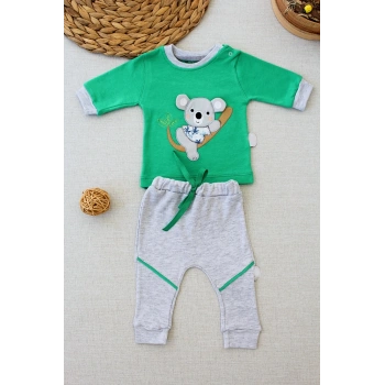 3-6 6-9 9-12 12-18 Ay Yavru Koala Nakışlı Uzun Kollu Sweat 2li Kız Erkek Bebek Takımı Yeşil
