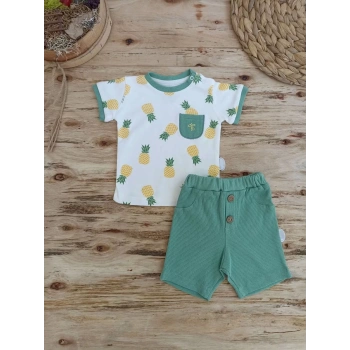 3,6 6,9 9,12 Ay Ananas Baskılı Şort Tişört 2 Li Kız Erkek Bebek Takımı Yeşil