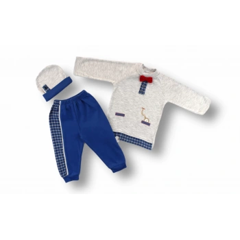 3,6 6,9 9,12 Ay Cep Saat Nakışlı Şapkalı Uzun Kollu Sweatli 3lü Erkek Bebek Takımı Mavi